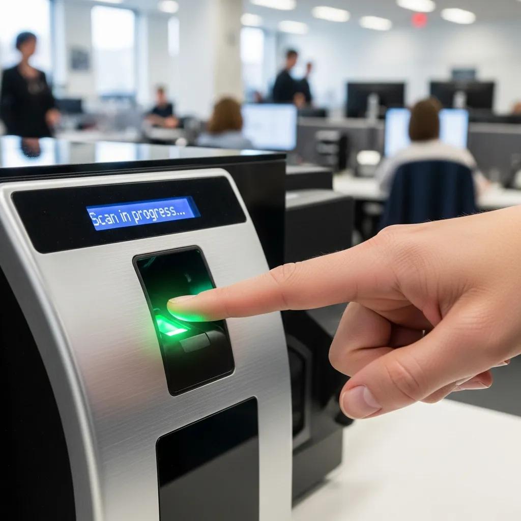 Employee using biometric time clock for attendance logging, scanning fingerprint with green indicator light, office setting in background.