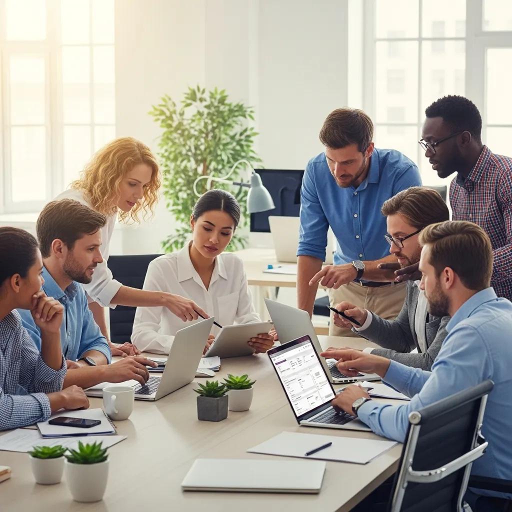 Employees collaborating in a modern office, discussing time management strategies using laptops and tablets, enhancing productivity and teamwork.