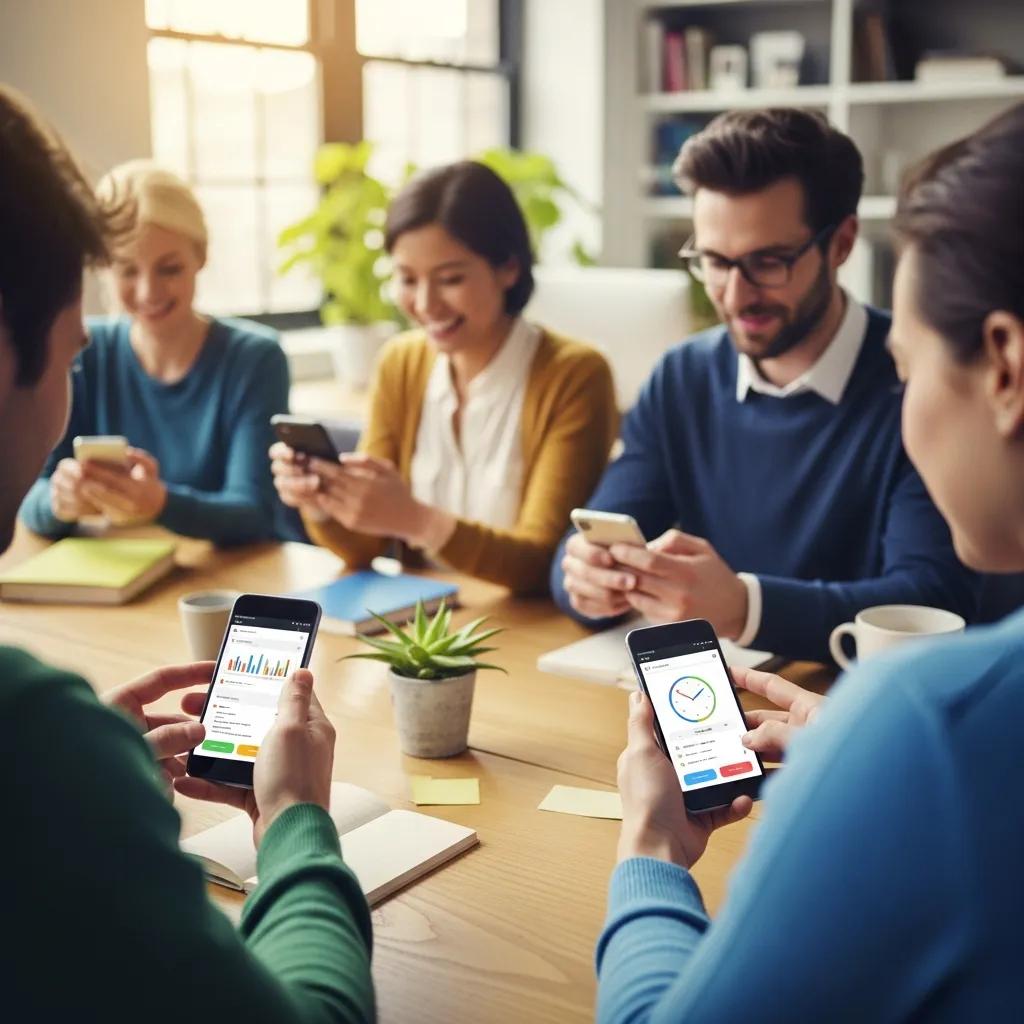 Employees using mobile time tracking apps in a modern office setting, showcasing productivity and team collaboration.
