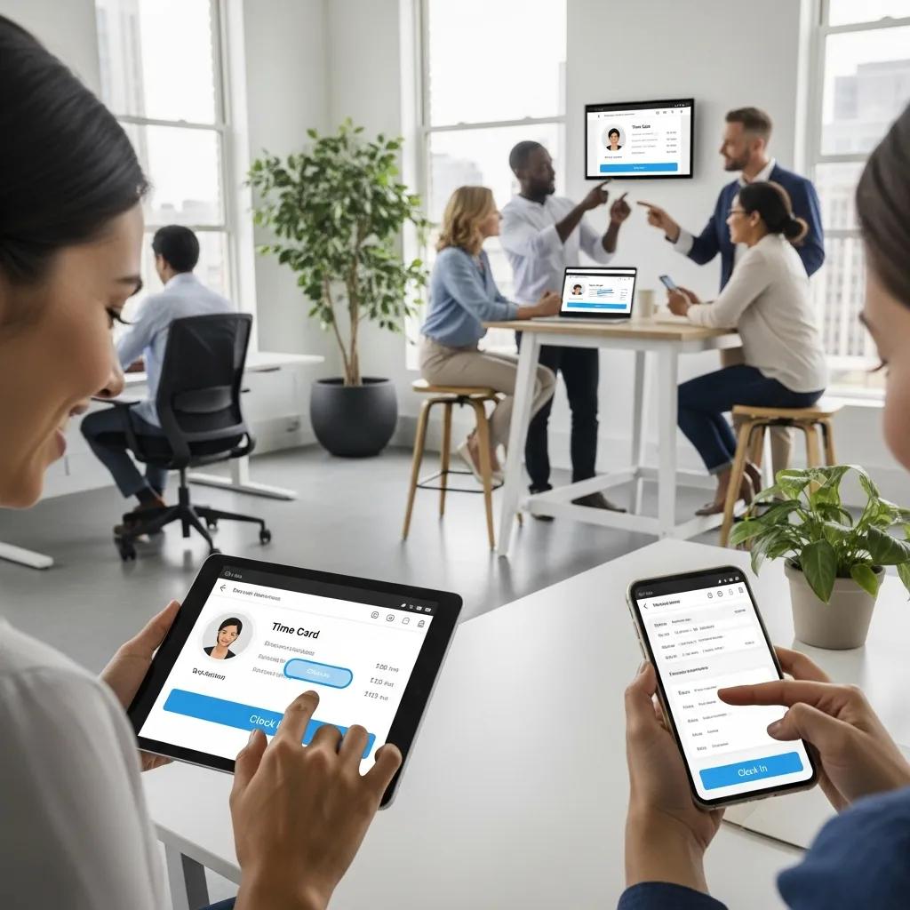 Employees using digital time card systems on tablets and smartphones in a modern office environment, enhancing attendance tracking and productivity.