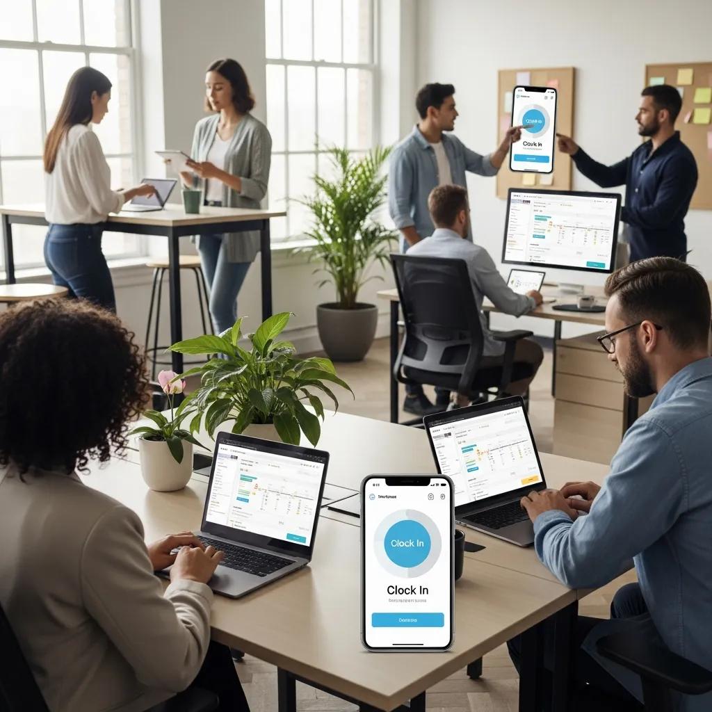 Employees using digital time tracking apps in a modern office, showcasing productivity with laptops and mobile devices displaying time logging features.