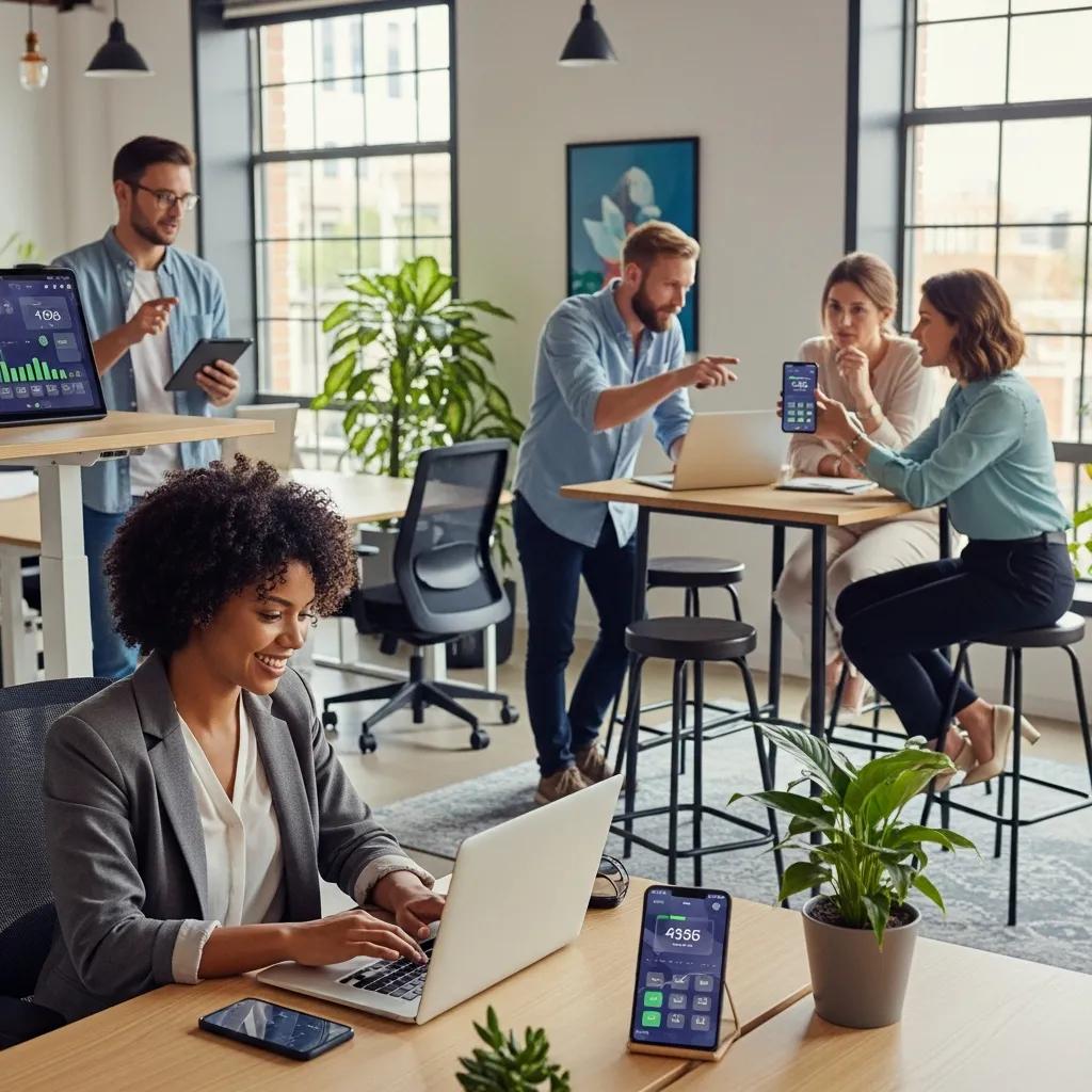 Employees collaborating in a modern office, using time tracking apps on laptops and smartphones, enhancing productivity and time management.