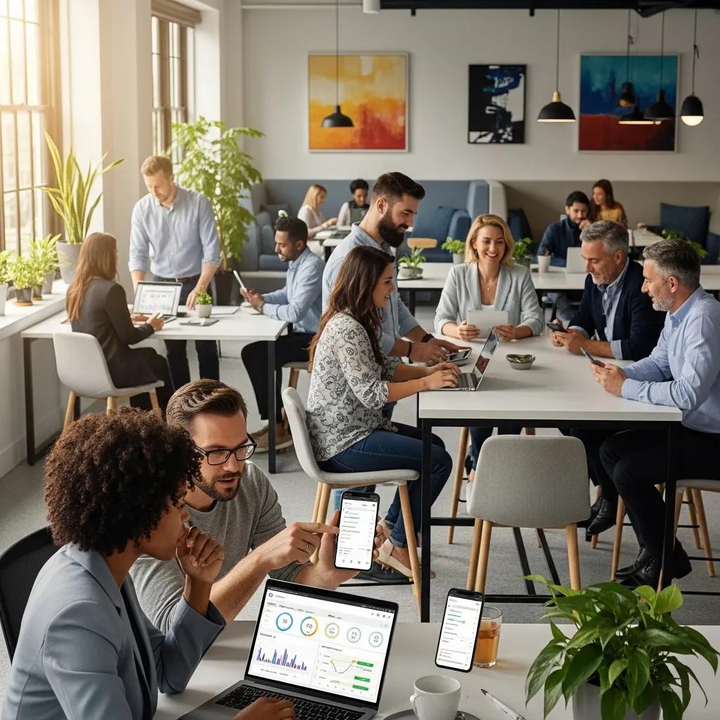 Employees collaborating in a modern office setting, using time tracking software on laptops and mobile devices, with charts and productivity metrics displayed on screens.