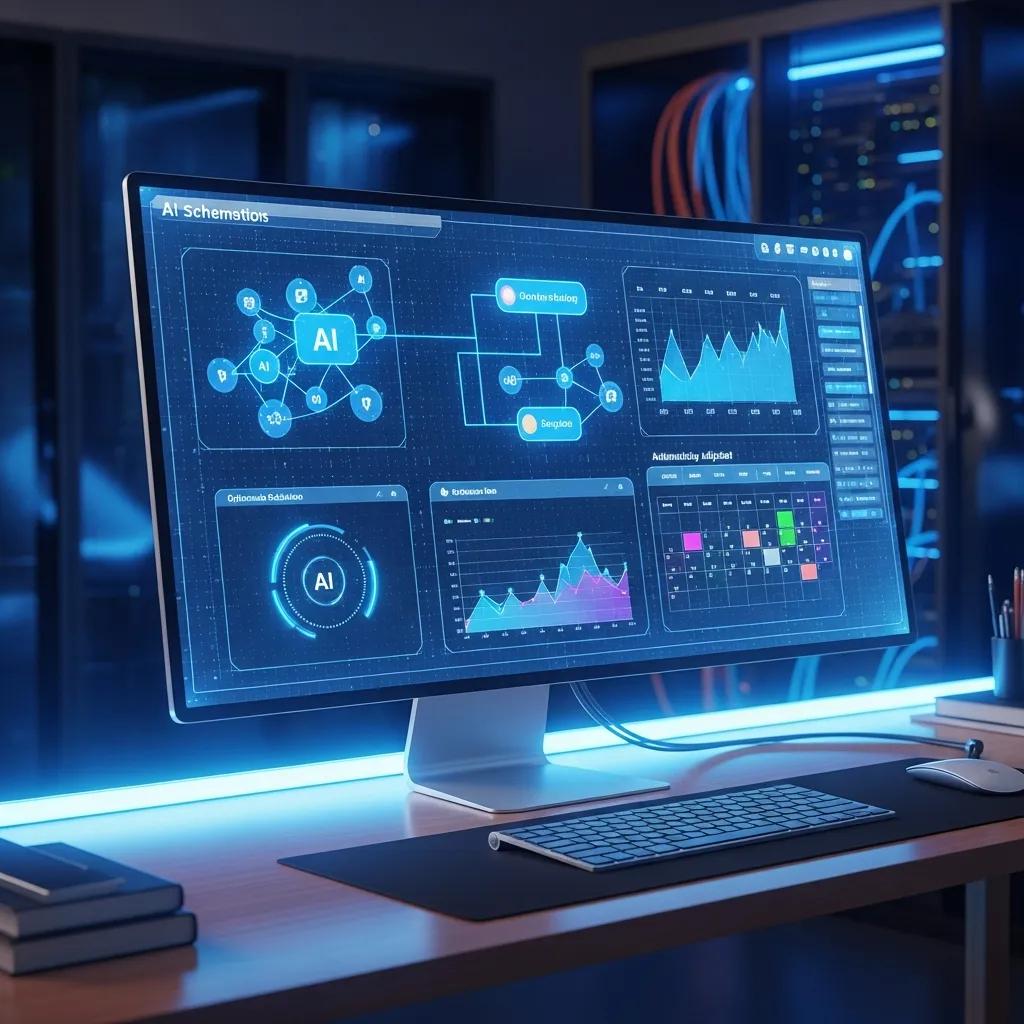 Futuristic computer interface displaying AI-driven analytics and automation features for scheduling applications, with graphs, data visualizations, and a calendar, emphasizing workforce management efficiency.
