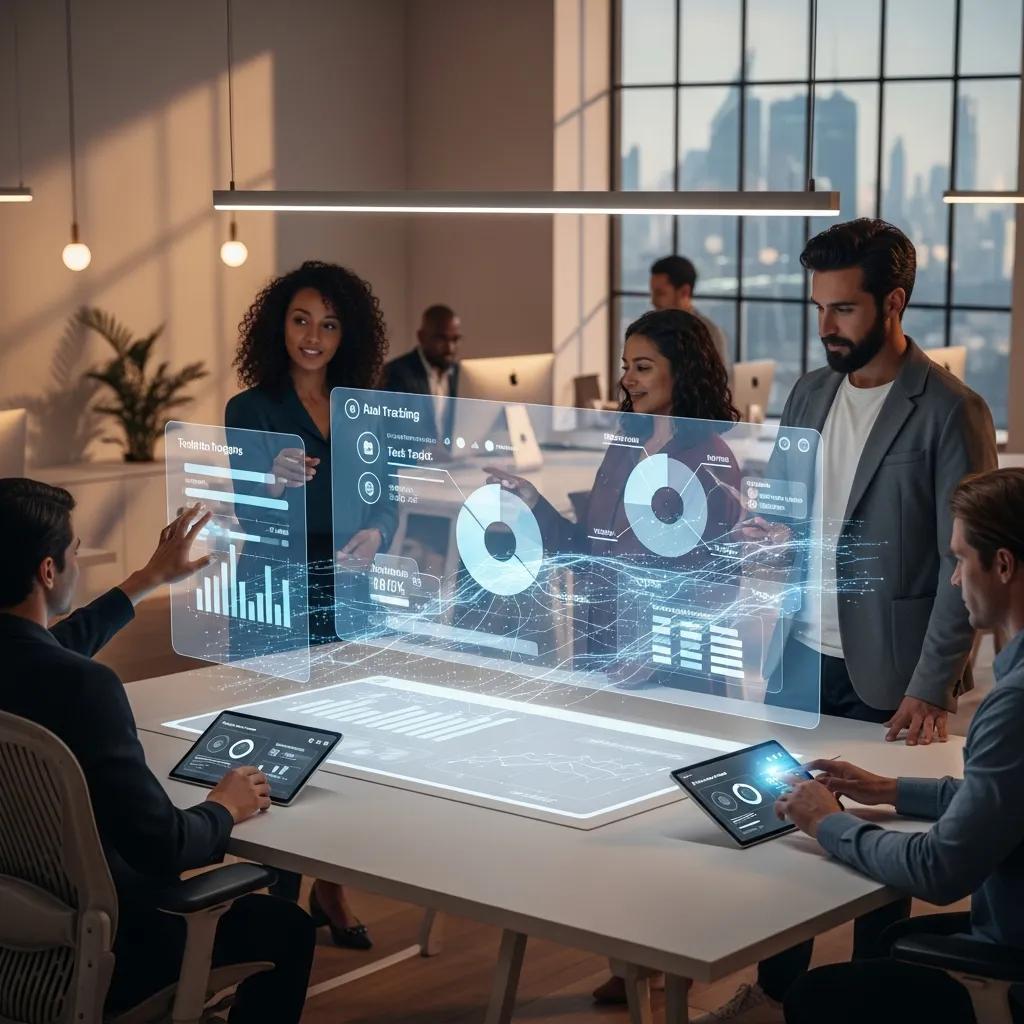 Futuristic workspace with employees interacting with AI-powered digital time tracking features, displaying attendance data and analytics on holographic screens.