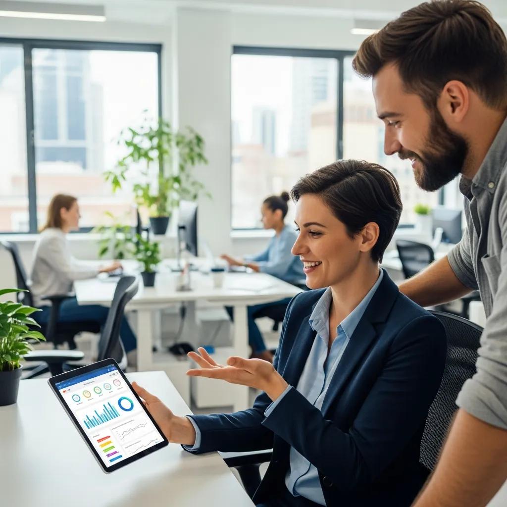 Manager and employee discussing productivity using time tracking data in an office