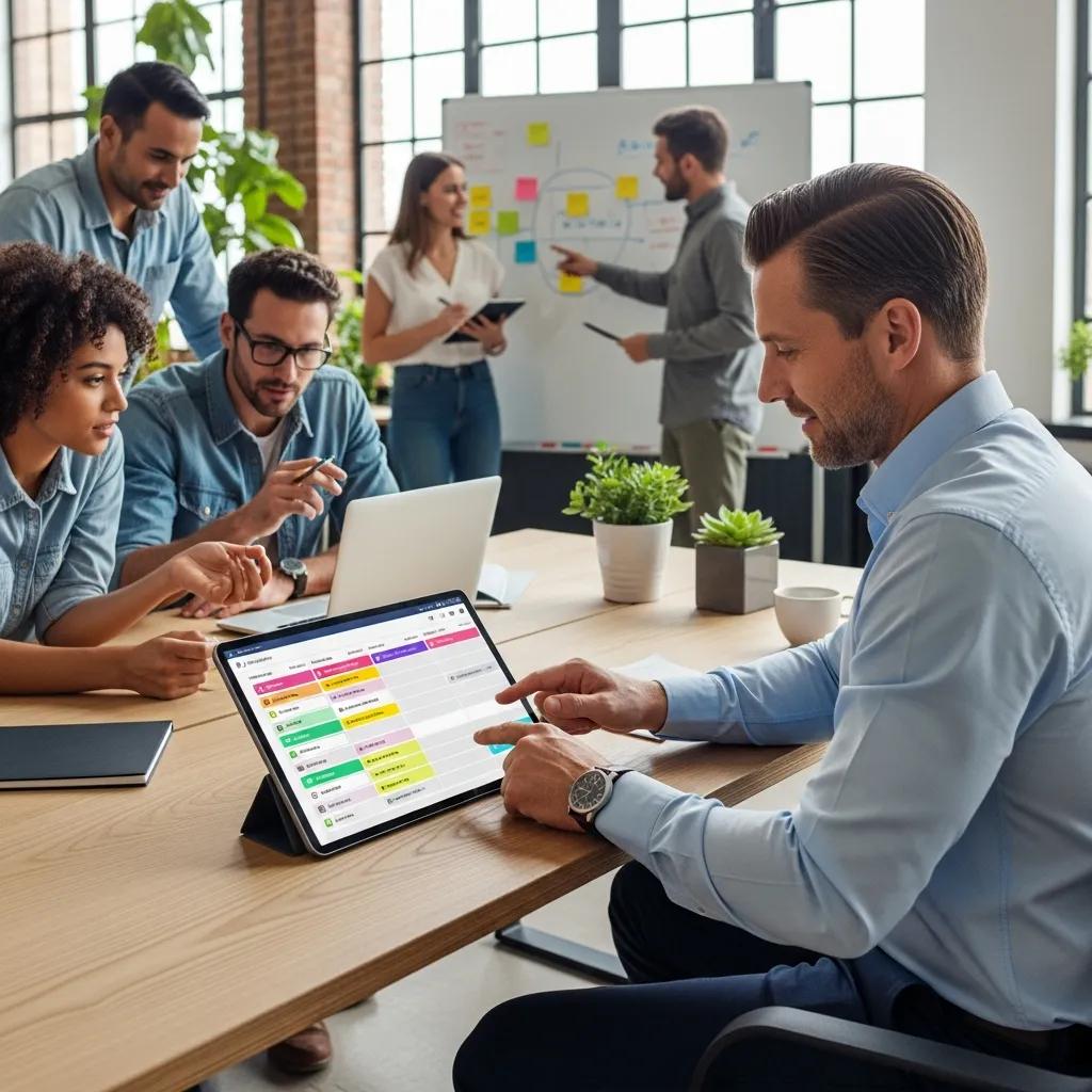 Manager reviewing employee availability software on tablet in collaborative workspace with diverse team discussing shift scheduling strategies.