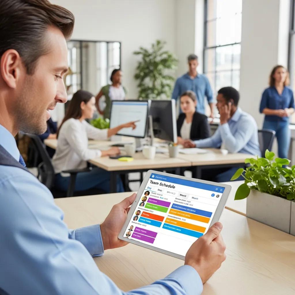 Manager using employee scheduling app on tablet in busy workplace, showcasing team schedules and enhancing workforce management efficiency.