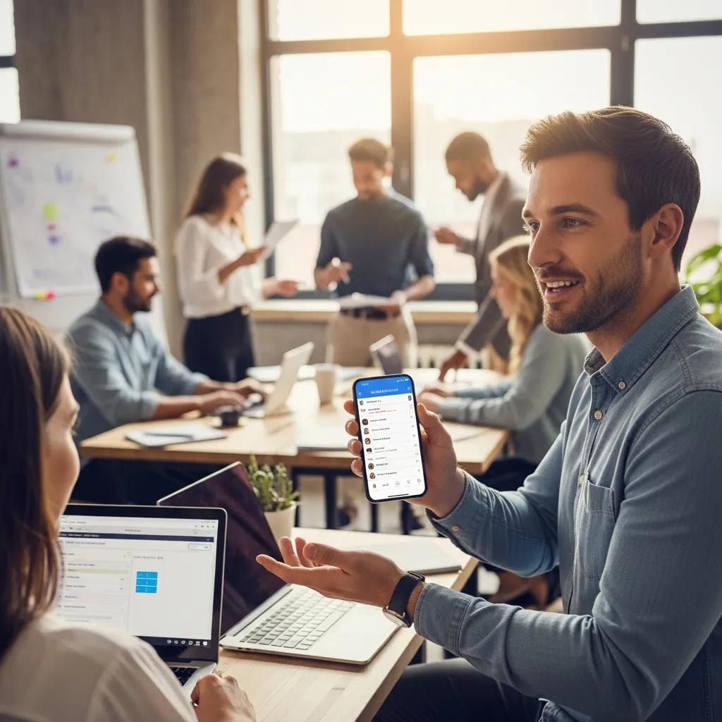 Manager using mobile scheduling app in busy office, engaged employees collaborating, laptops and documents on desks, enhancing workforce management and communication.