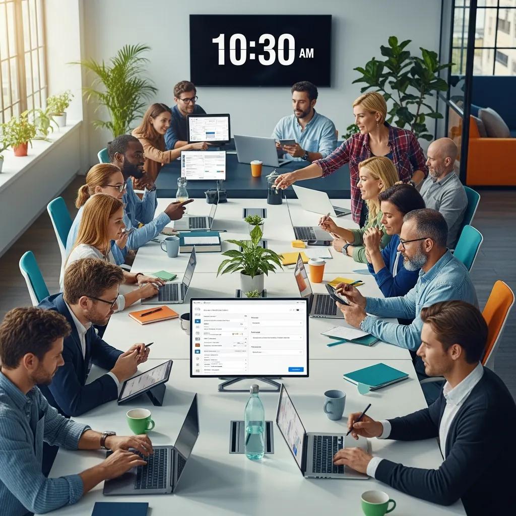 Employees engaged in time logging and productivity in a modern office setting, featuring laptops and a digital clock displaying 10:30 AM, emphasizing effective time tracking and management.