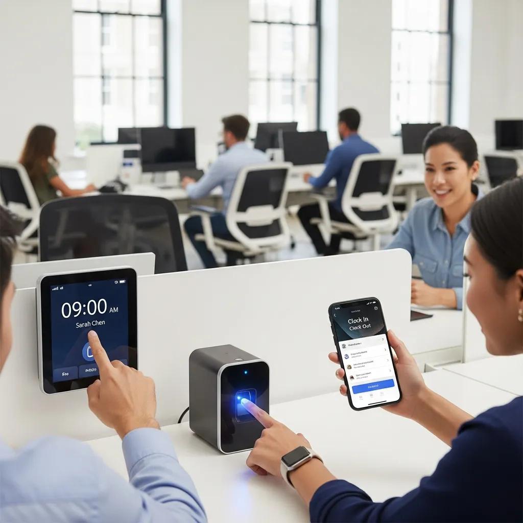 Digital time clock system in an office setting, featuring biometric device, mobile app interface, and employees clocking in, enhancing productivity and attendance tracking.