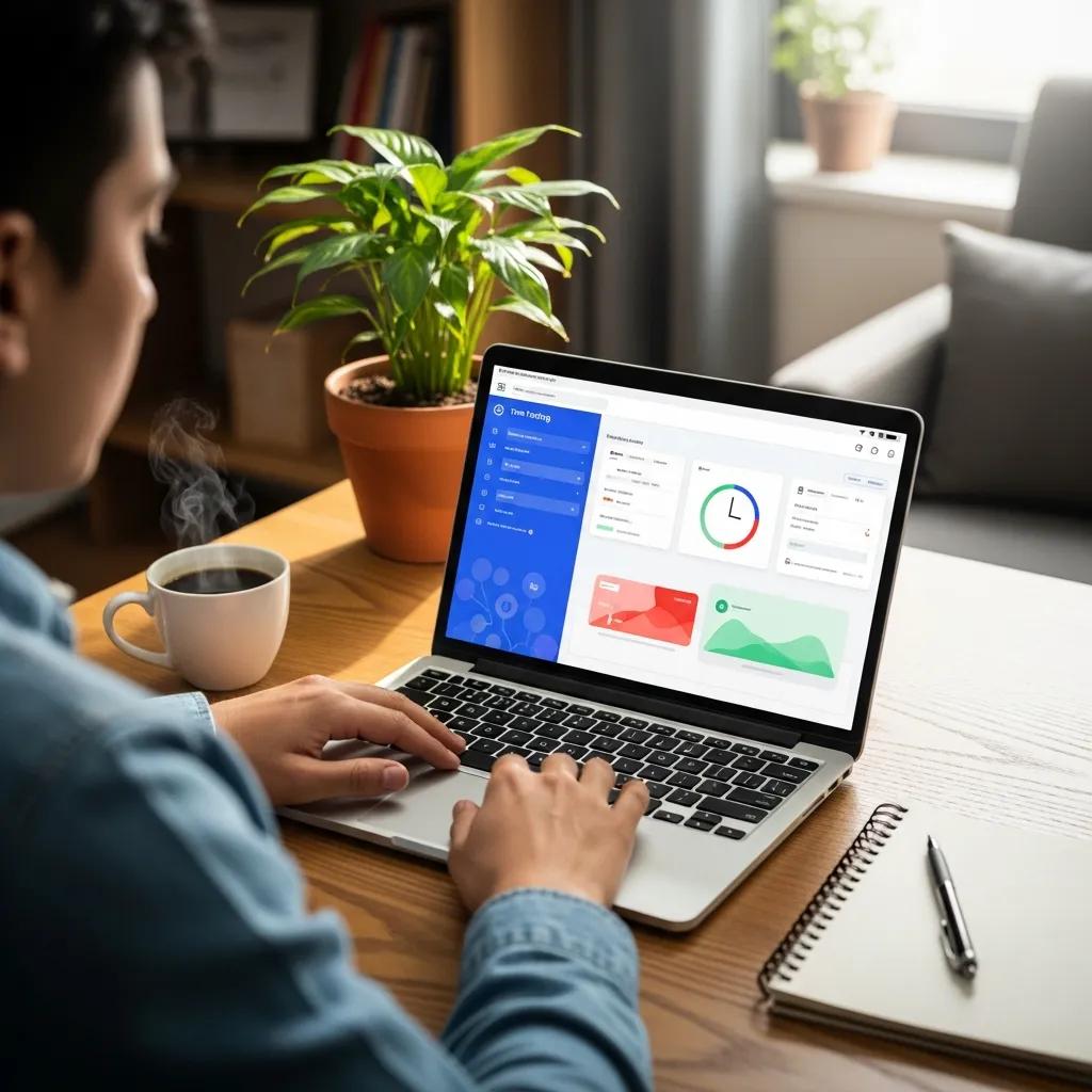 Person using a time tracking app on a laptop in a cozy workspace with a coffee cup and notepad, emphasizing productivity and time management.