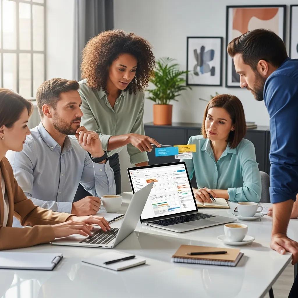 Professionals collaborating over scheduling software in a modern office, discussing productivity tools and time management strategies.