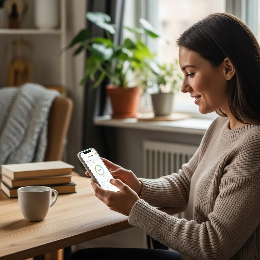 Woman using smartphone to track work hours in cozy home office with books and plants.