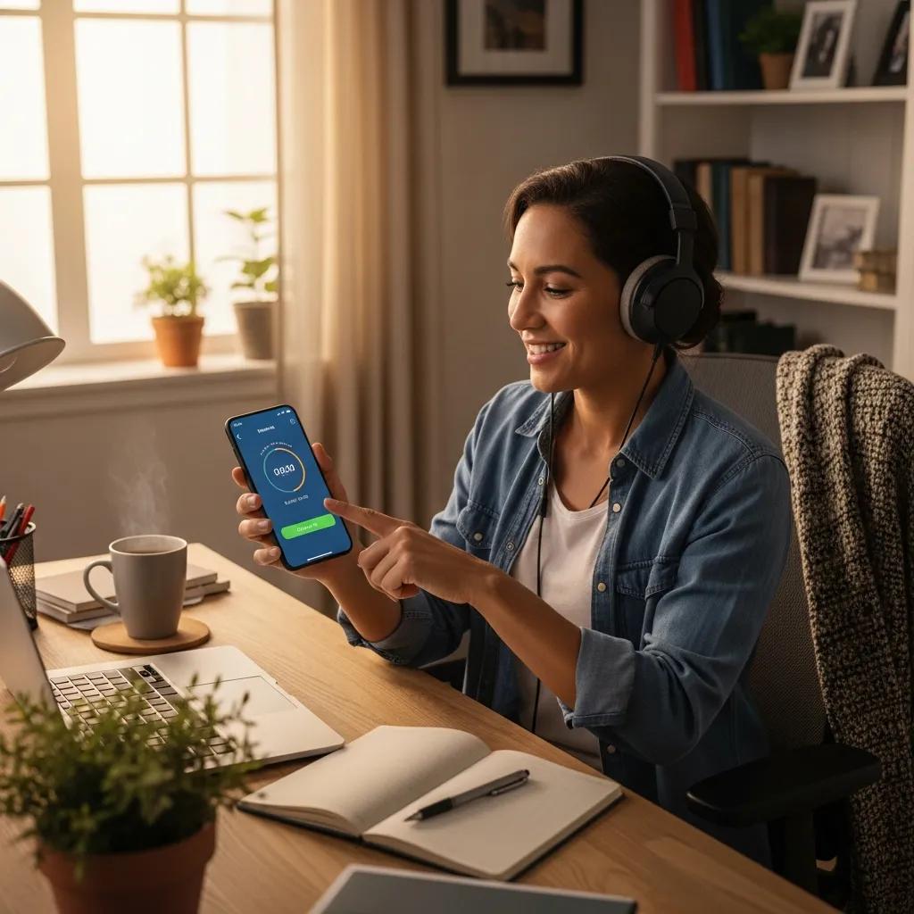 Woman using mobile time clock app to log hours in a home office setting, demonstrating remote workforce tracking and productivity tools.