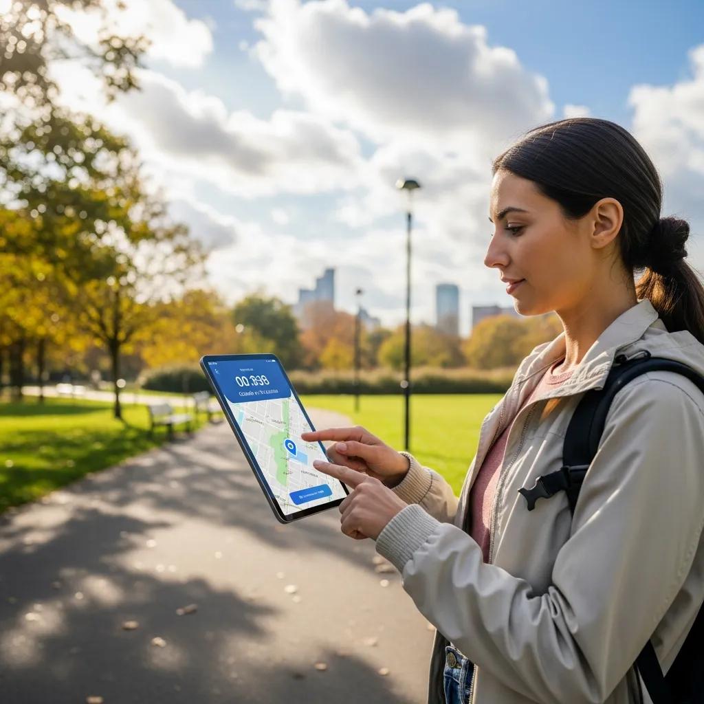 Woman using GPS-enabled mobile time clock on tablet in outdoor park setting, demonstrating remote workforce management and time tracking features.