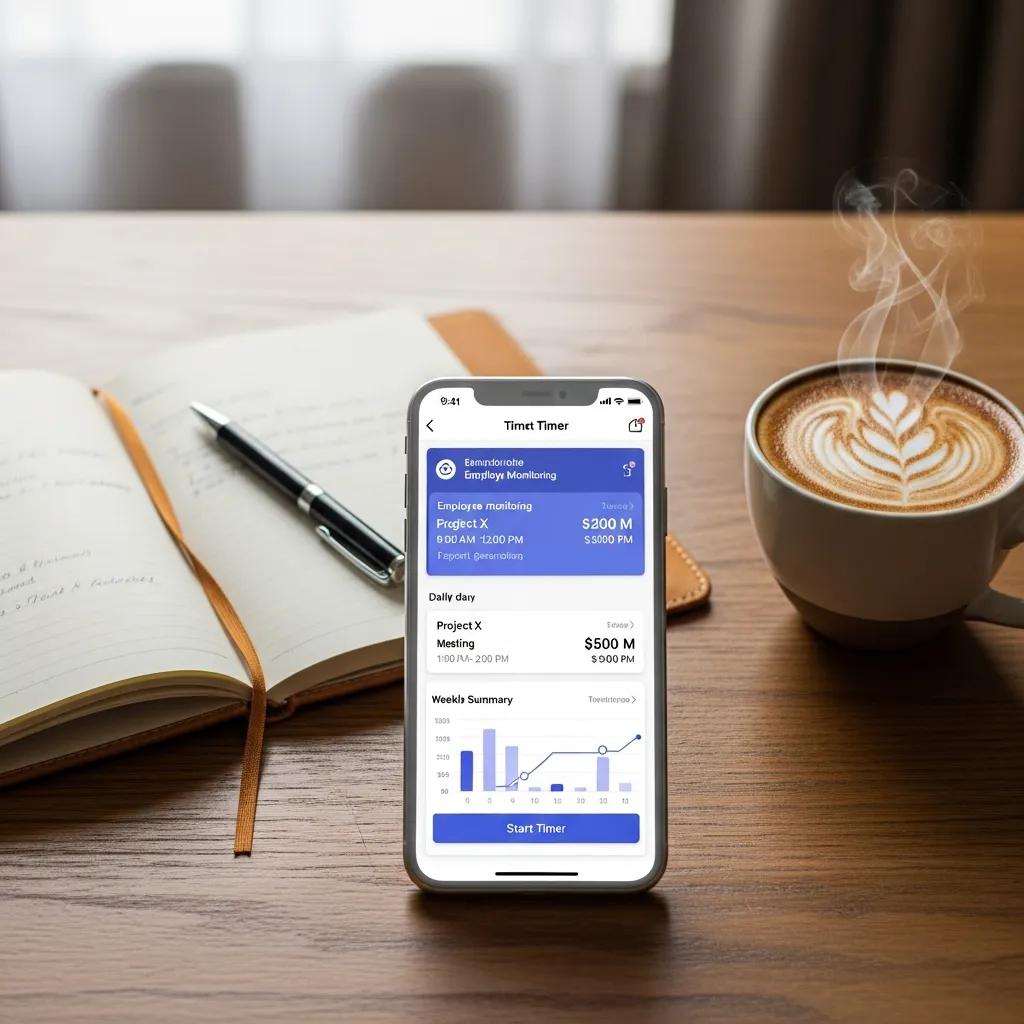 Smartphone displaying a free time logging app in a cozy workspace setting
