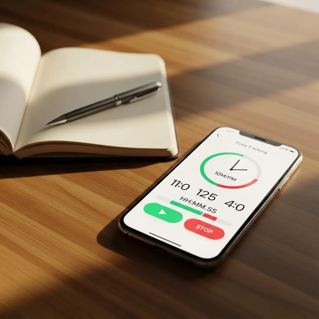 Smartphone displaying a time tracking app on a wooden desk next to an open notebook and pen, illustrating productivity tracking features.