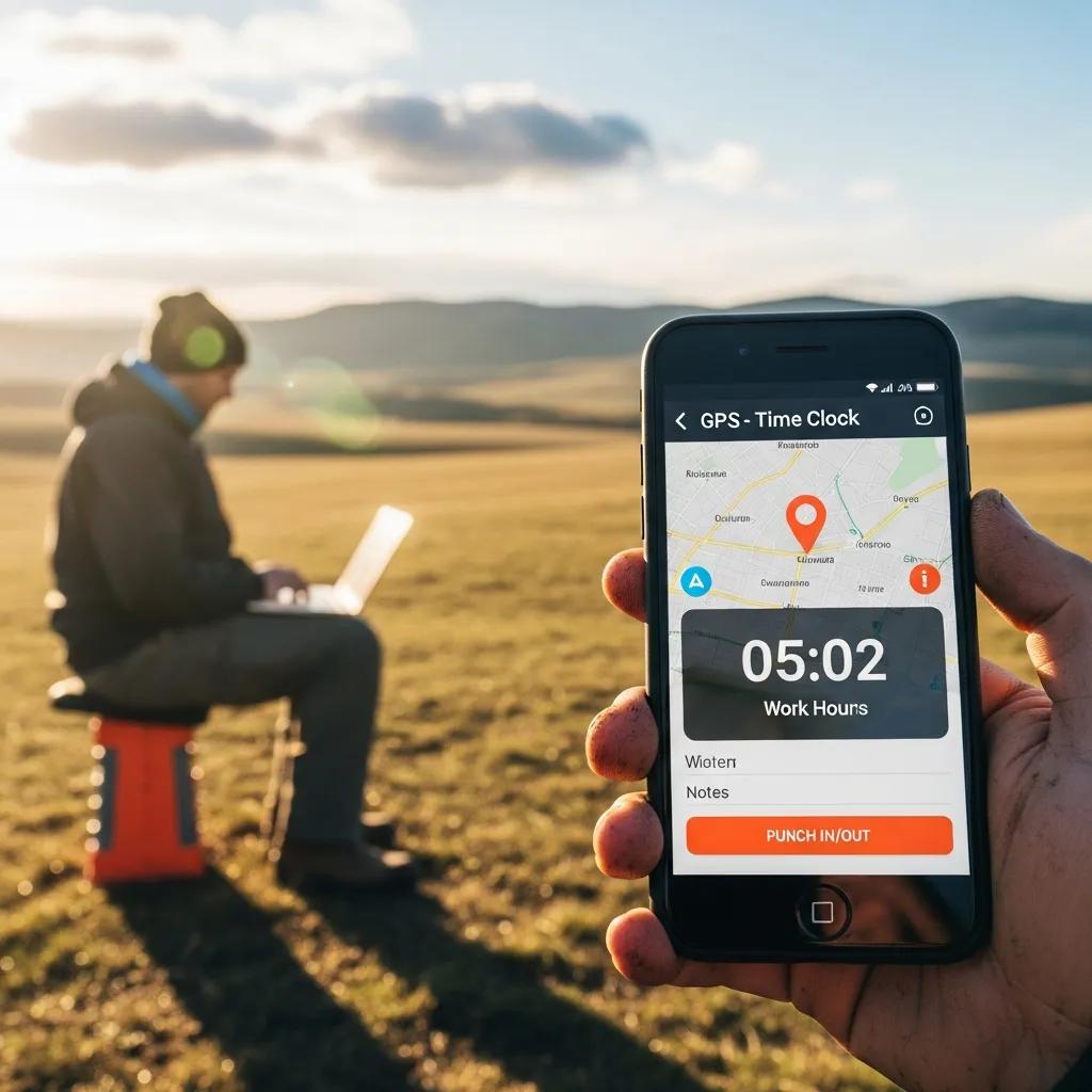Smartphone displaying GPS-enabled time clock app with work hours tracking in a remote outdoor setting, employee using laptop in background.