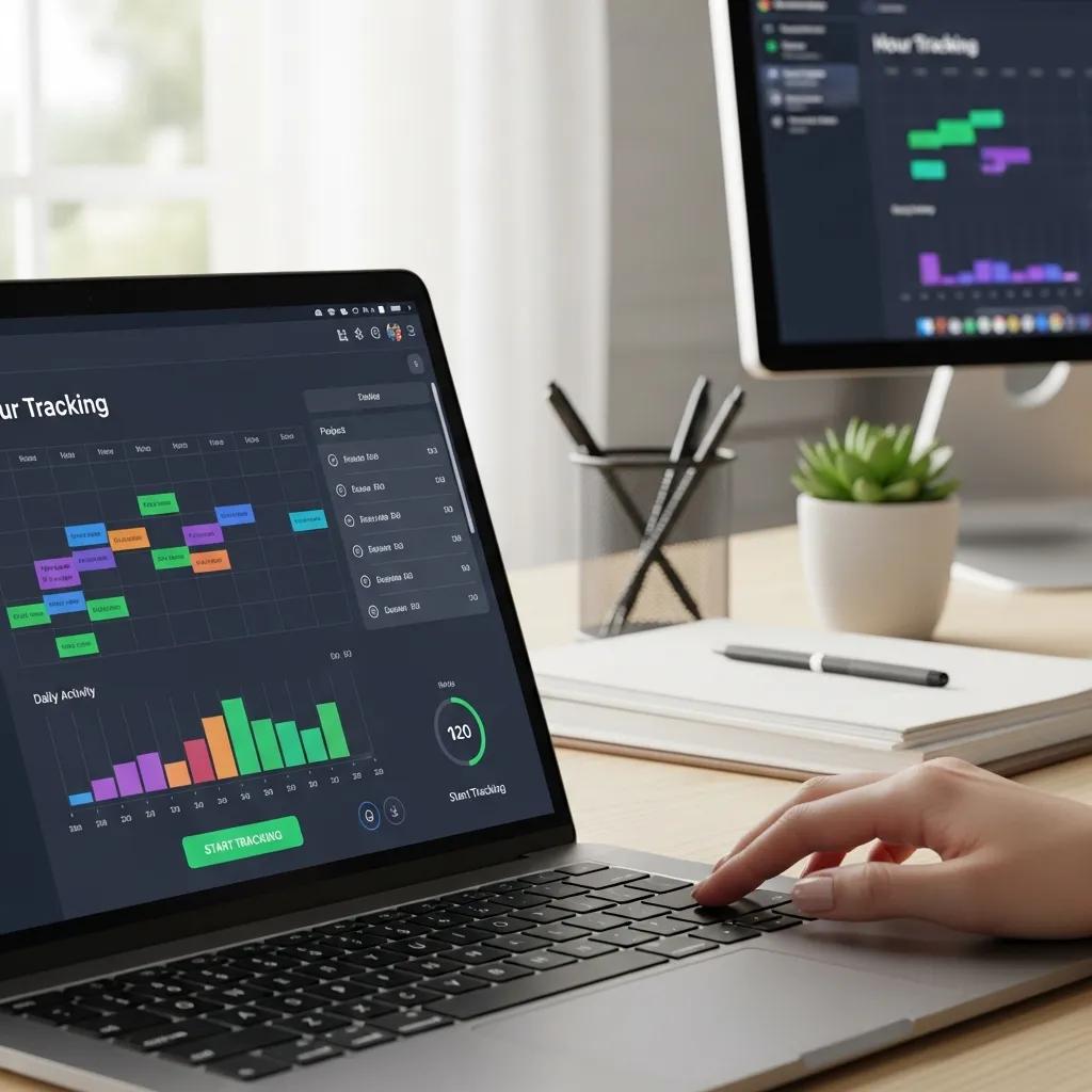 User-friendly hour tracking software interface displayed on a laptop, showcasing project timelines and daily activity graphs, set in a modern workspace with a desktop monitor and office supplies.
