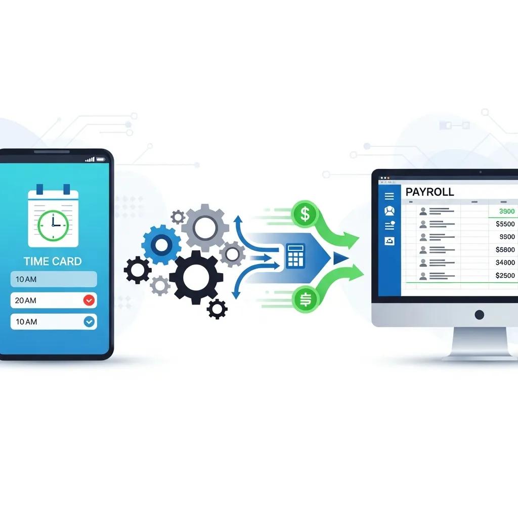 Visual representation of integration between a time card app on a smartphone and payroll software on a computer, featuring time entries, gears symbolizing automation, and data flow with dollar signs, illustrating payroll processing for businesses.