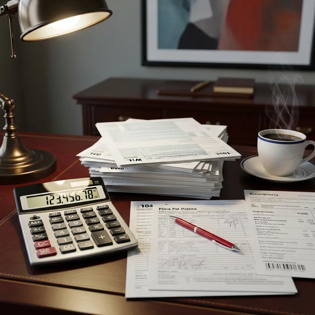 Calculator displaying payroll figures alongside payroll documents and a coffee cup on a desk, emphasizing accurate payroll calculations and documentation practices.