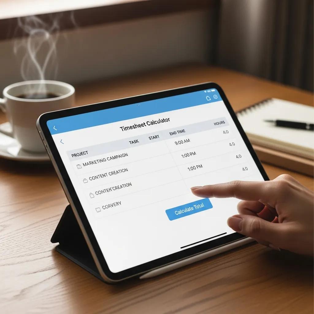 Close-up of a user-friendly timesheet calculator interface on a tablet, displaying project tasks, start and end times, and a button to calculate total hours, with a steaming cup of coffee in the background, illustrating efficient employee hours tracking for payroll management.