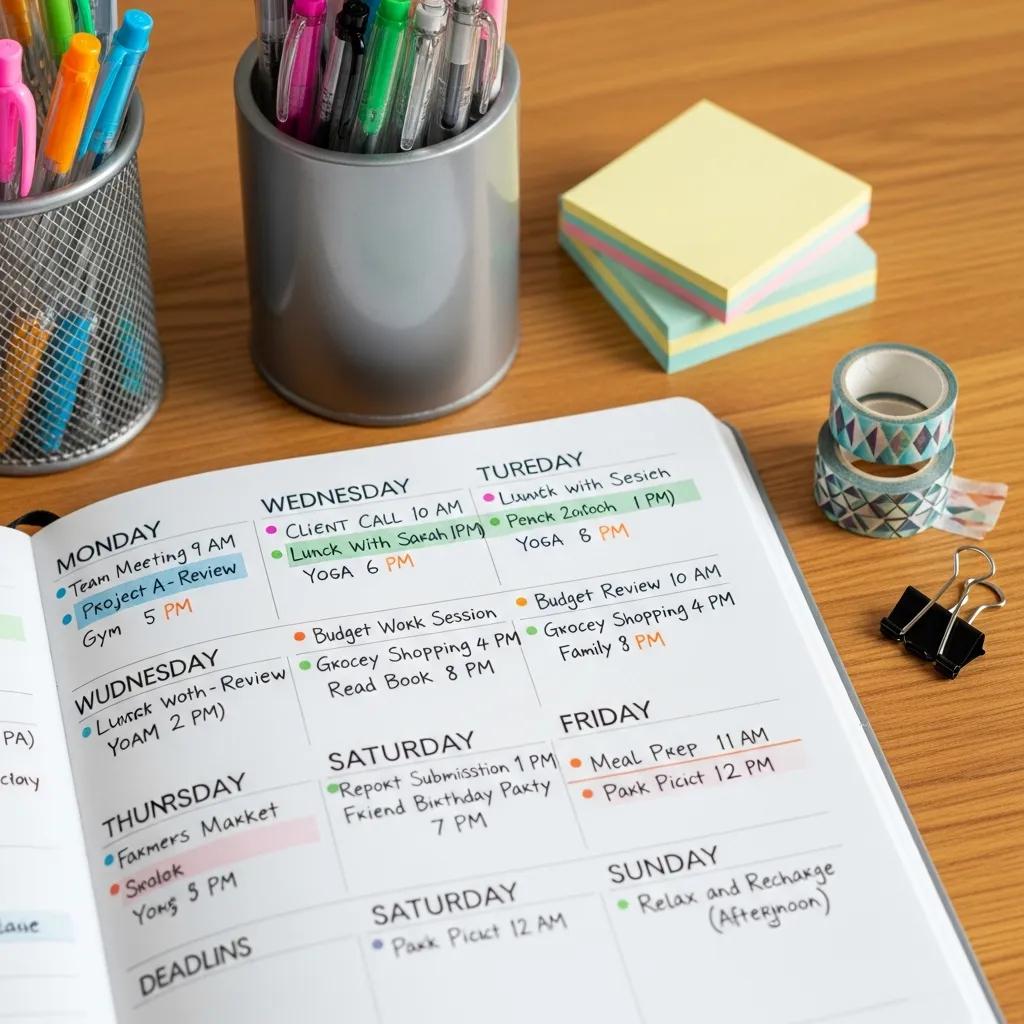 Close-up of a colorful weekly planner filled with scheduled entries, highlighting effective time management and organization for teams.