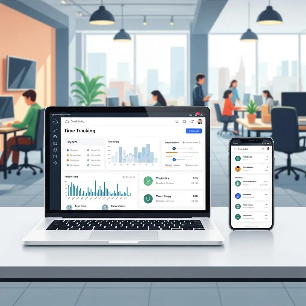 Cloud-based time tracking application displayed on laptop and smartphone in modern office setting, showcasing project data and employee attendance metrics.