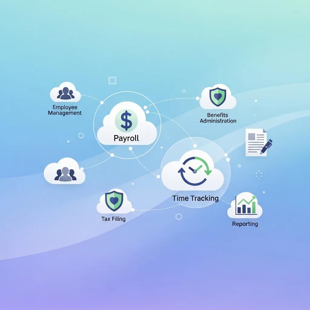 Cloud computing icons representing payroll integration, time tracking, employee management, tax filing, benefits administration, and reporting, emphasizing efficiency and modern solutions for payroll processing.
