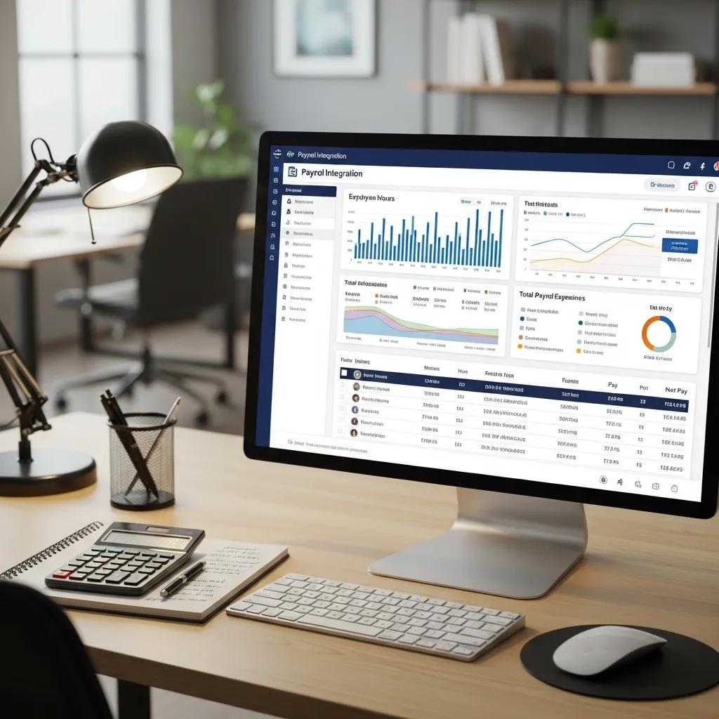 Computer screen displaying payroll integration software with employee data, graphs of hours worked, total payroll expenses, and a detailed table of employee information, emphasizing payroll processing efficiency and integration features.