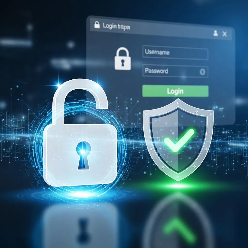 Conceptual representation of security features for TimeClockWizard, featuring an unlocked padlock and shield with checkmark, emphasizing user data protection and secure login processes.