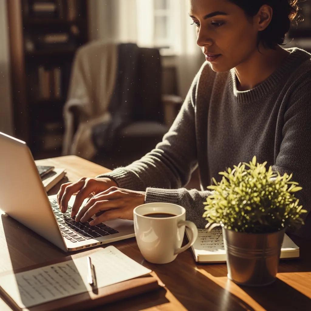 Cozy home office setup featuring a person typing on a laptop, with a cup of coffee, notepad, and a potted plant, emphasizing productivity and comfort in a work environment.