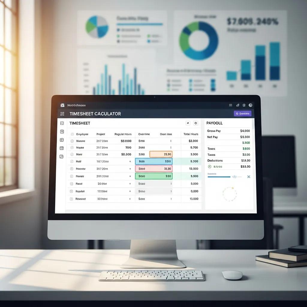 Digital timesheet calculator displayed on a computer screen, showcasing employee hours, payroll details, and integration features for efficient time tracking and payroll management.