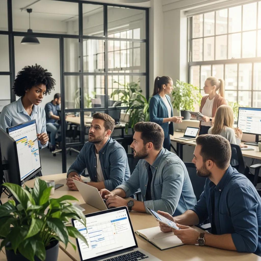 Diverse employees collaborating in a modern office, discussing time management solutions, with laptops and a digital schedule displayed, highlighting productivity and teamwork.