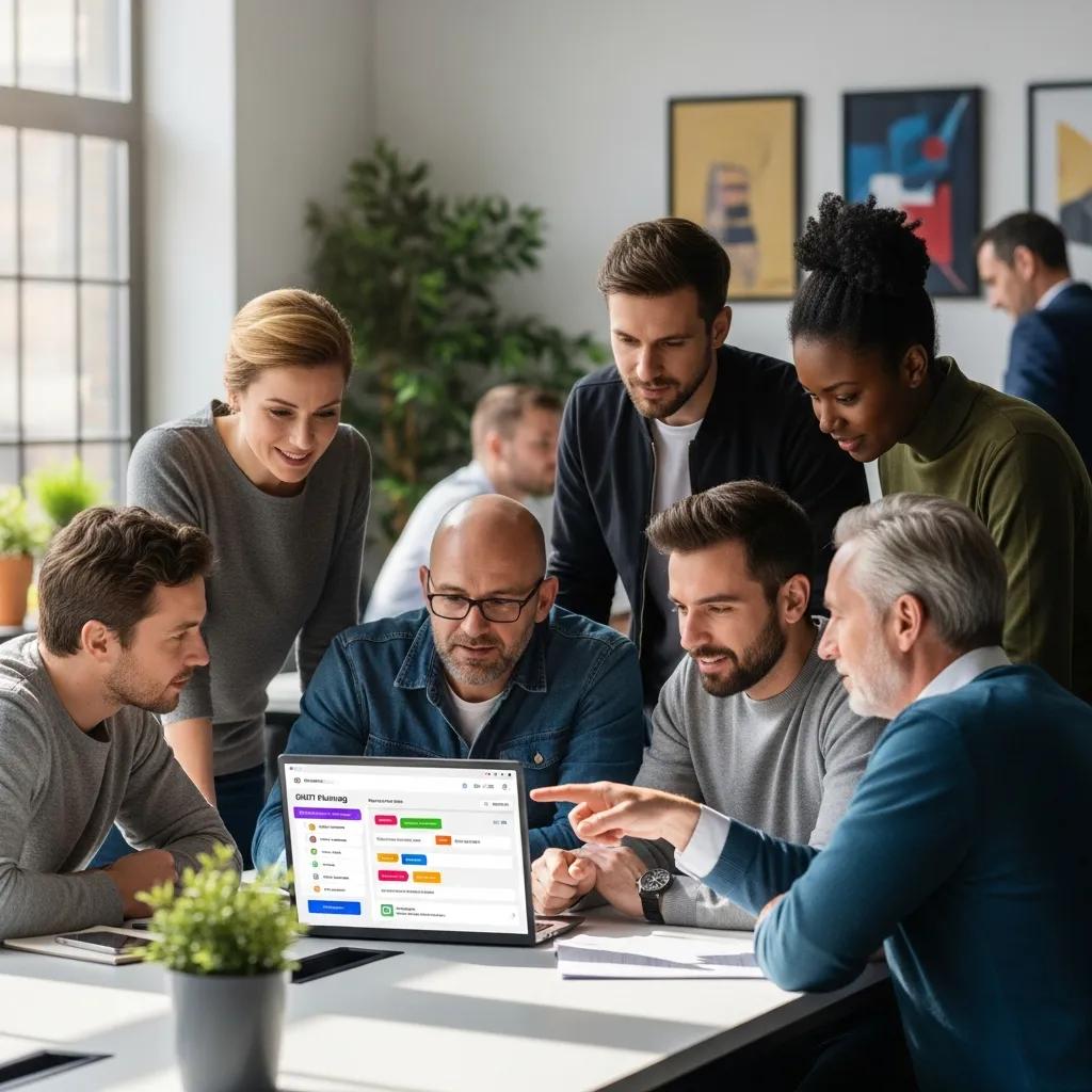 Diverse team of employees collaborating on a shift planning tool displayed on a laptop in a modern office setting, emphasizing effective workforce management and scheduling solutions.