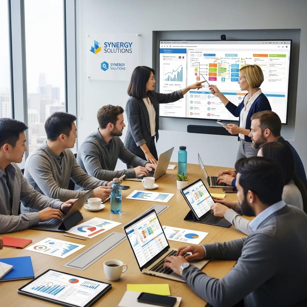 Diverse professionals collaborating in a modern workspace, analyzing data and discussing employee time management solutions, with laptops and charts visible on the table.
