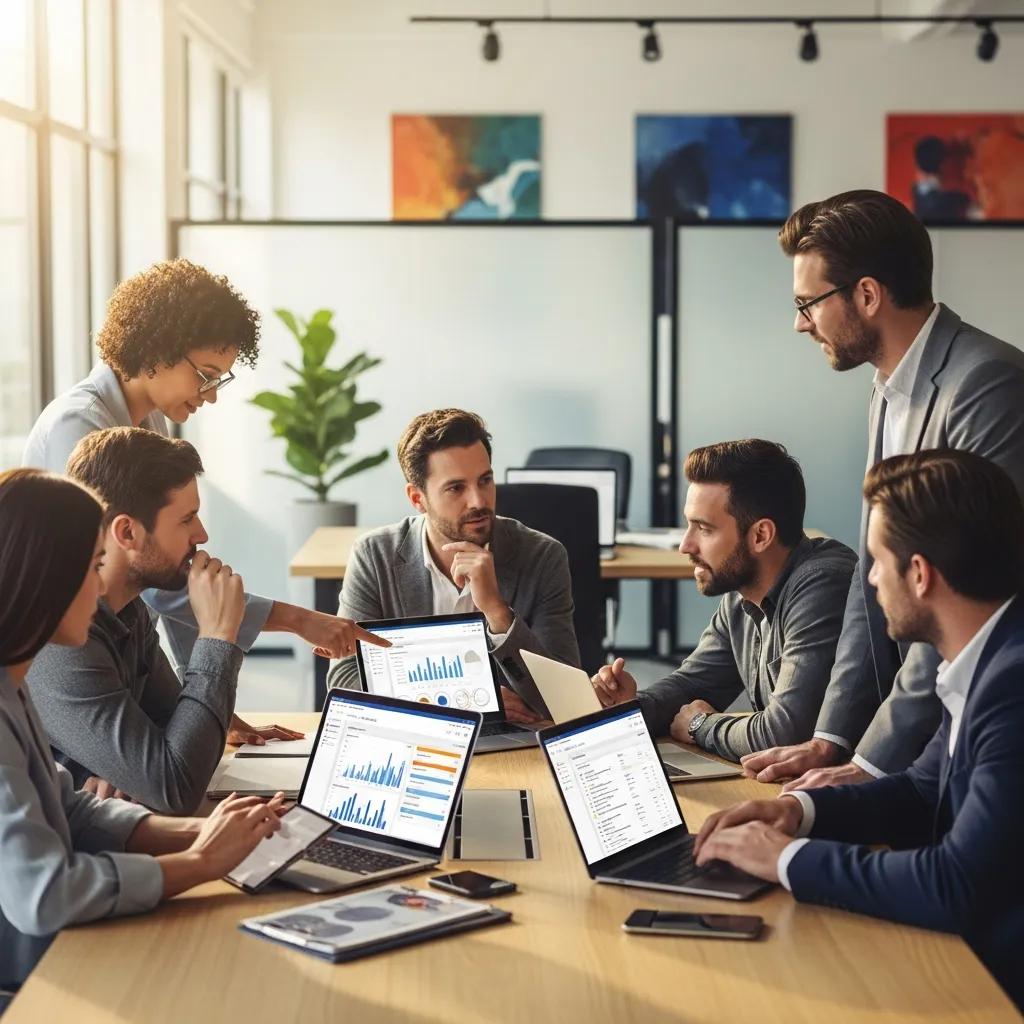 Diverse professionals collaborating on management software solutions in a modern office, analyzing data on laptops and discussing workforce optimization strategies.