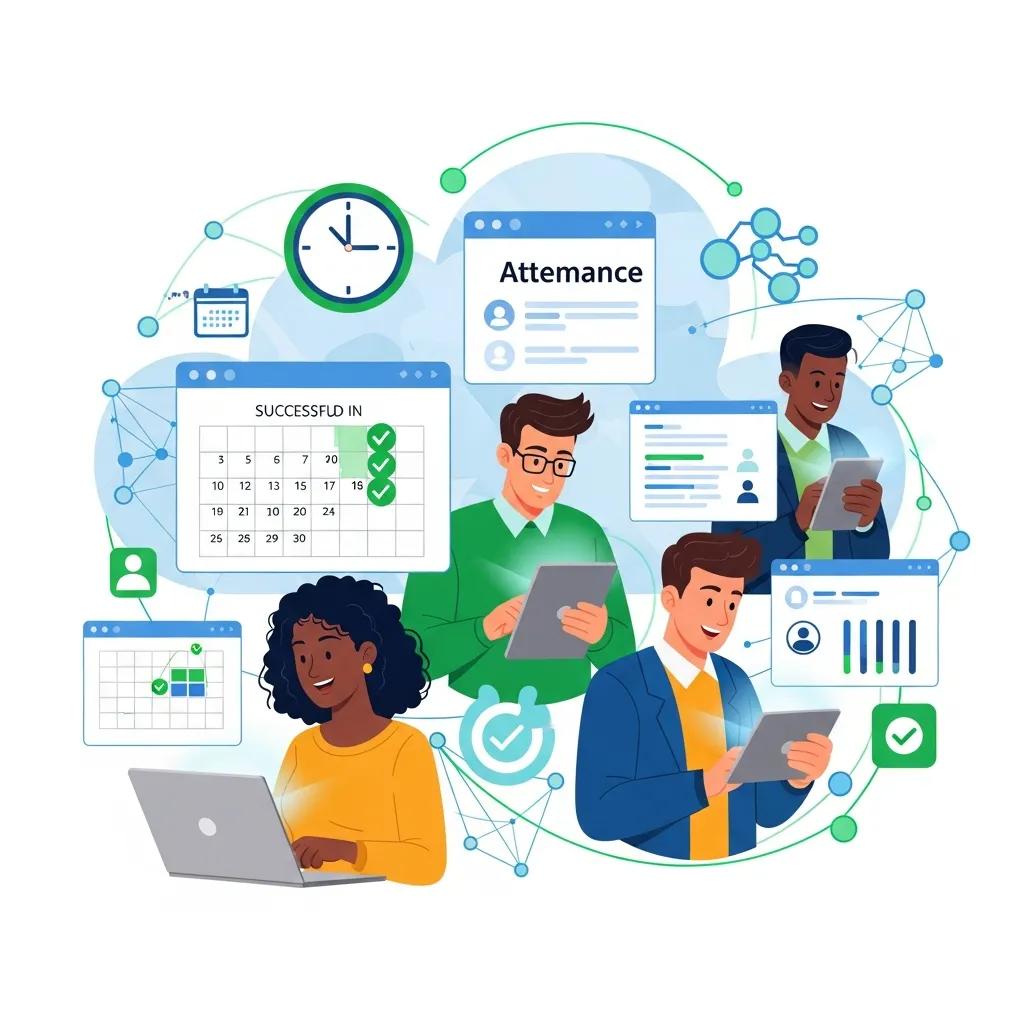 Diverse remote employees using devices for cloud-based attendance tracking, featuring digital attendance dashboards, calendars, and success indicators.