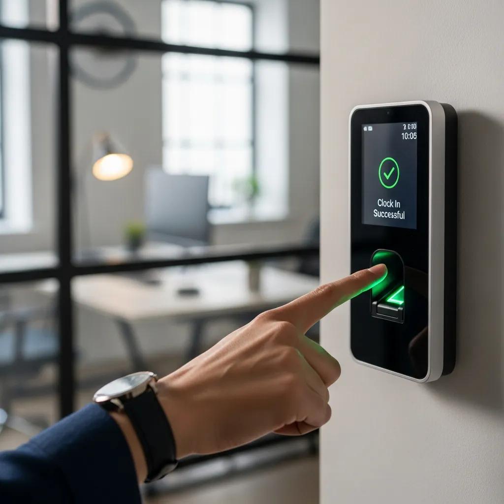 Employee using biometric attendance system to clock in, showcasing automation and accuracy in time tracking, with "Clock In Successful" confirmation displayed.