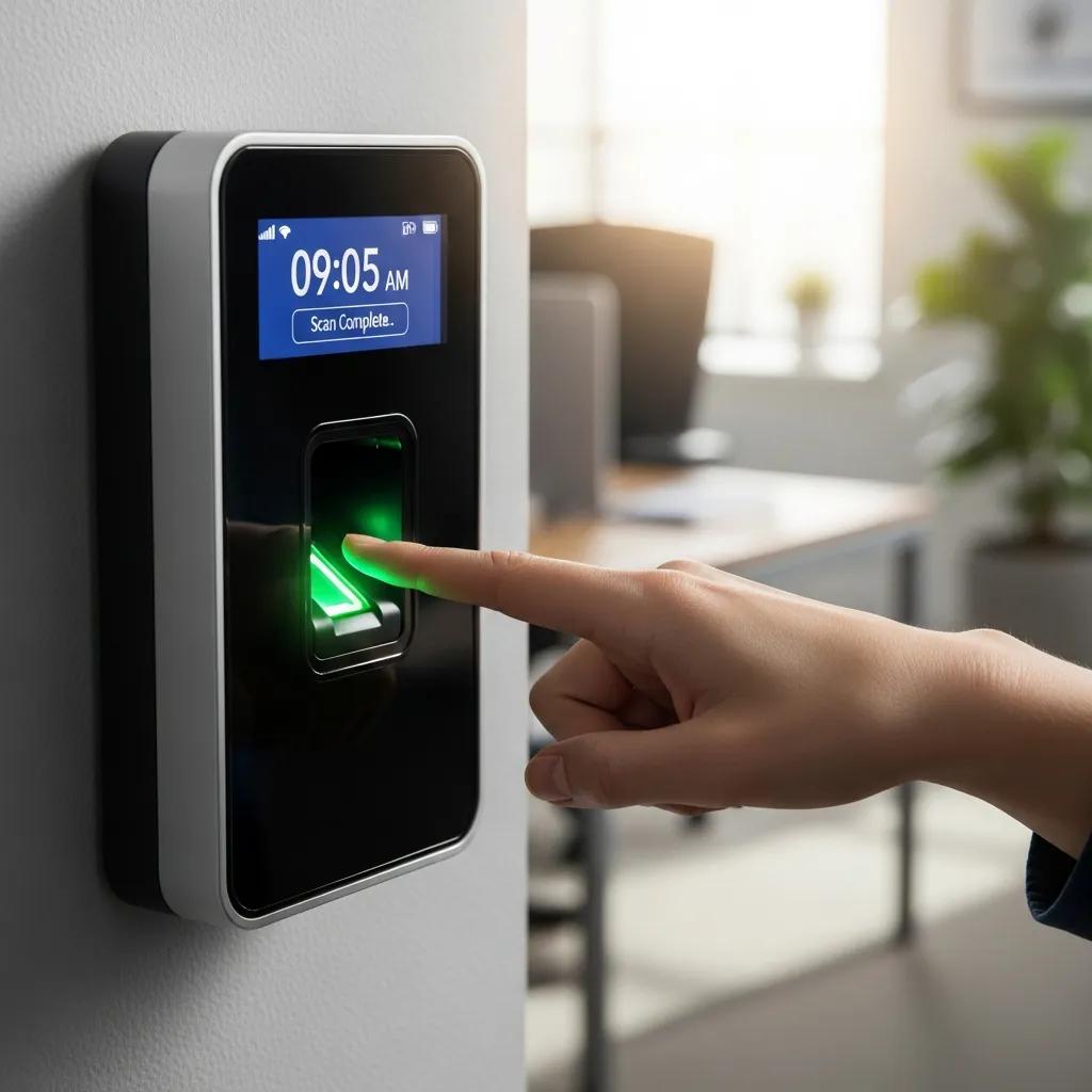 Employee using biometric time clock for accurate time tracking, displaying green light and digital interface.