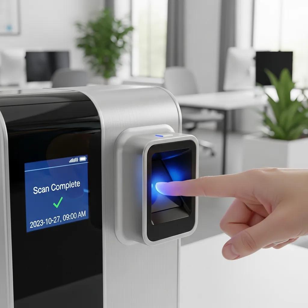 Employee using biometric time clock for secure time tracking, displaying scan completion message in modern office setting.