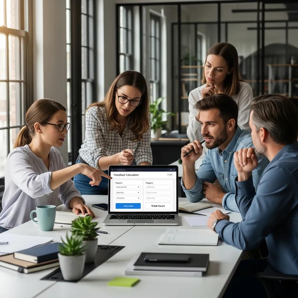 Employees collaborating over a laptop displaying a timesheet calculator in a modern office, emphasizing effective time tracking and payroll management.