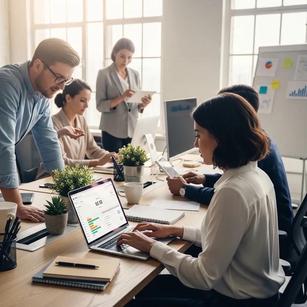 Employees in a modern office collaborating on digital devices for time tracking, with a laptop displaying time management software and various office supplies on a table.