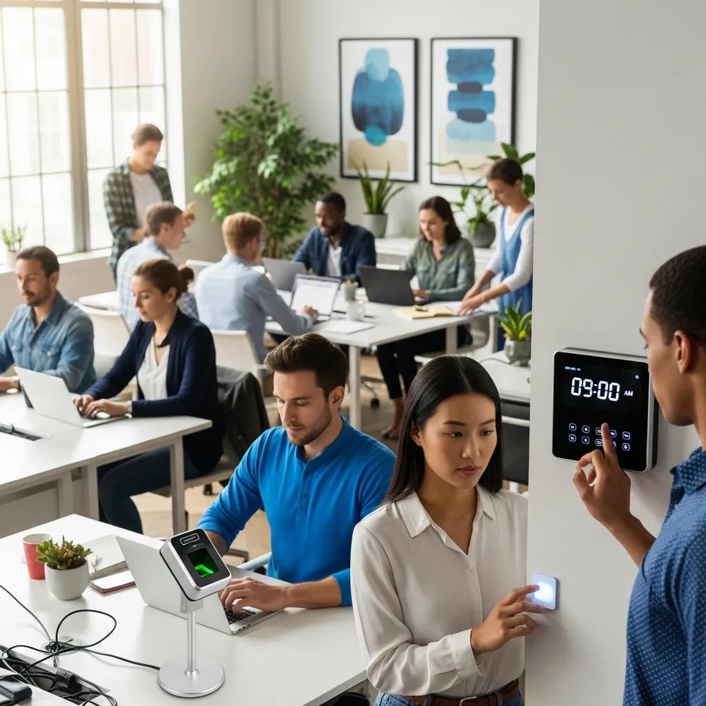 Employees using time tracking devices in a modern office environment, featuring a time clock display and individuals engaged in work on laptops, emphasizing productivity and attendance management.