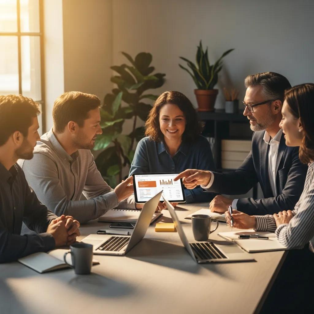 Group of professionals discussing payroll management and employee time tracking with a tablet displaying data in a modern office setting.