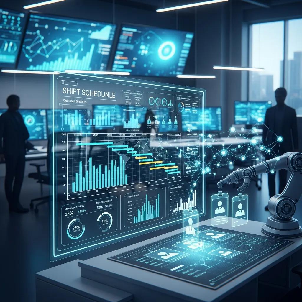 Futuristic digital interface displaying AI-driven shift scheduling analytics with robotic arm, emphasizing workforce management and automation in a modern workspace.