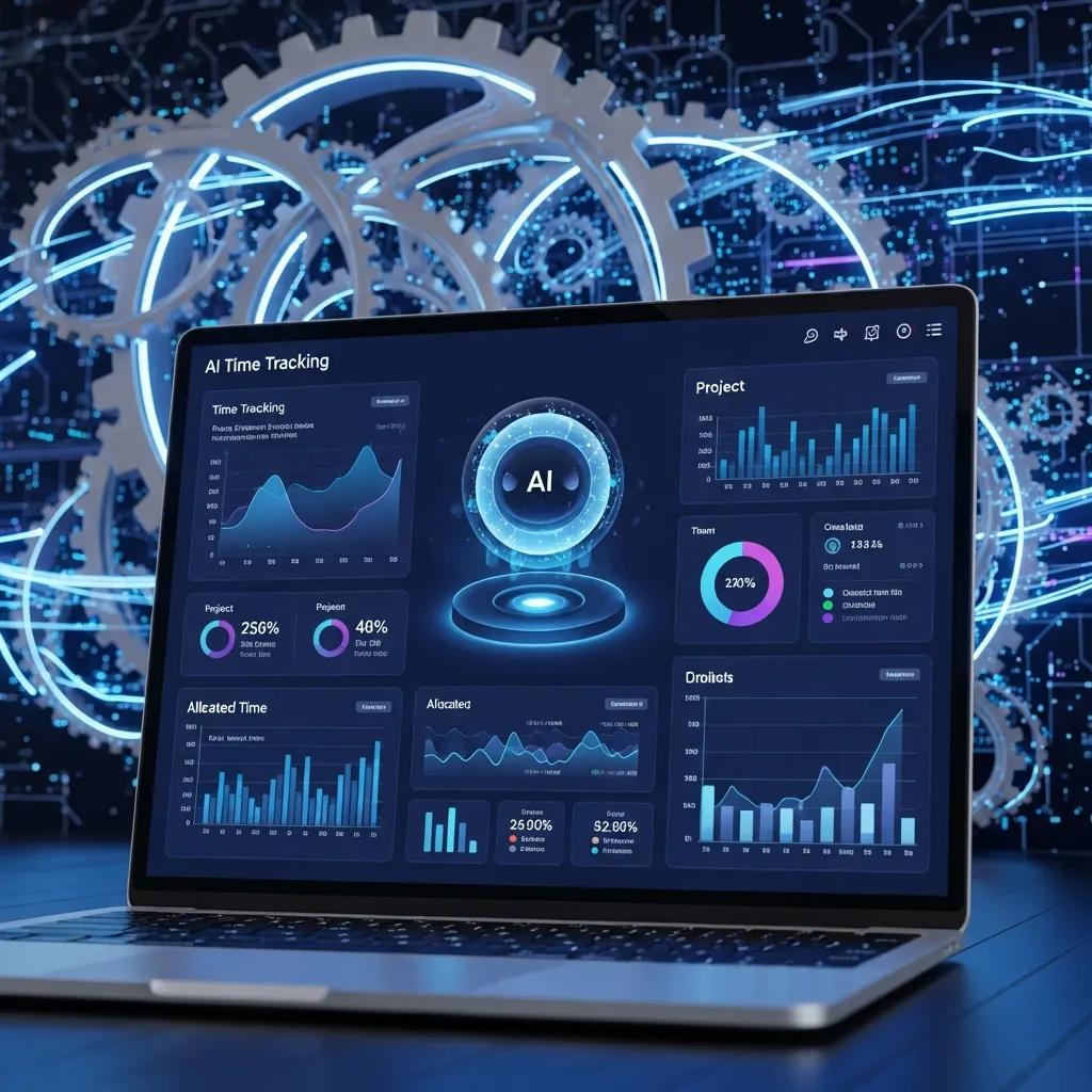 Futuristic laptop interface displaying AI time tracking analytics with data visualizations, symbolizing technological advancement in productivity tools.