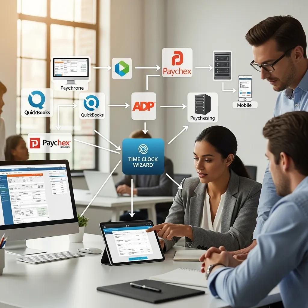 Illustration of Time Clock Wizard integration with payroll systems, featuring professionals discussing employee time tracking on a tablet, with connections to QuickBooks, ADP, and Paychex in a modern office setting.