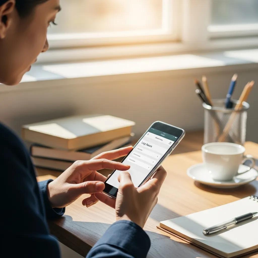 Person using a smartphone to log hours in a casual workspace, highlighting the benefits of free time tracking tools.